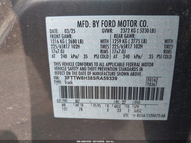 Продаж на аукціоні авто 2025 Ford Maverick Xlt, vin: 3FTTW8H38SRA59339, номер лоту: 45881639