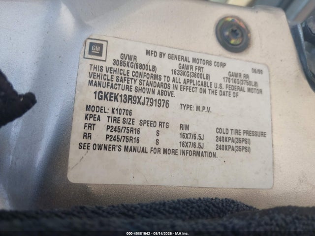 1999 Gmc Yukon Sle მანქანა იყიდება აუქციონზე, vin: 1GKEK13R9XJ791976, აუქციონის ნომერი: 45881642