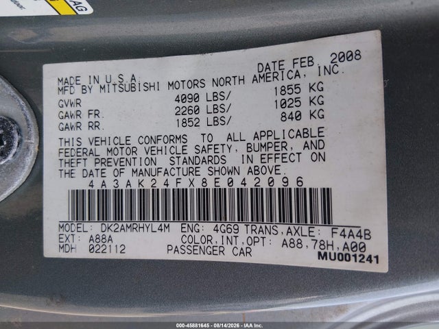 2008 Mitsubishi Eclipse Gs მანქანა იყიდება აუქციონზე, vin: 4A3AK24FX8E042096, აუქციონის ნომერი: 45881645