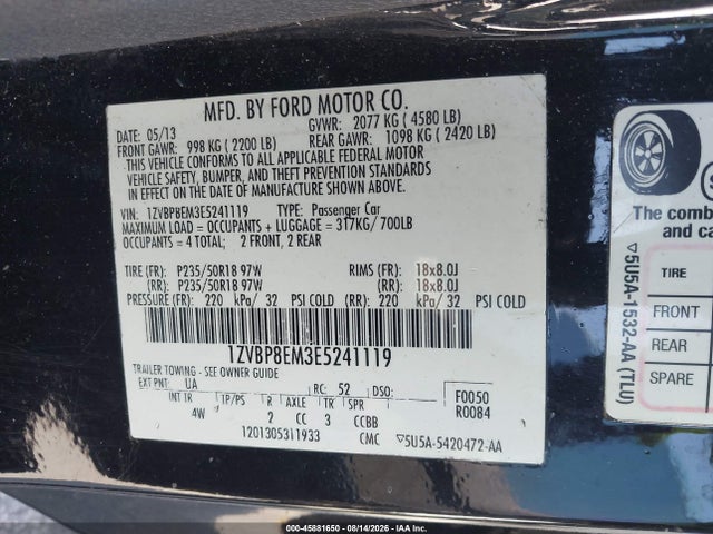 45881650 :رقم المزاد ، 1ZVBP8EM3E5241119 vin ، 2014 Ford Mustang V6 Premium مزاد بيع