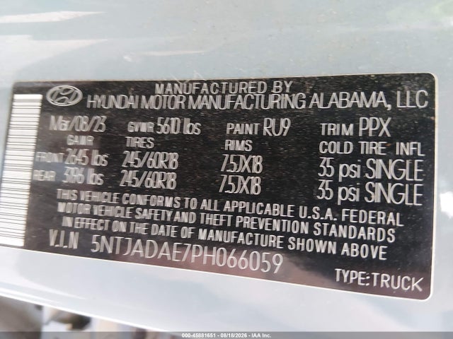 Aukcja sprzedaży 2023 Hyundai Santa Cruz Se, vin: 5NTJADAE7PH066059, numer aukcji: 45881651
