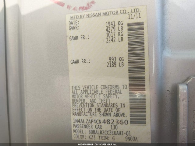 Продаж на аукціоні авто 2012 Nissan Altima 2.5 S, vin: 1N4AL2AP4CN482360, номер лоту: 45881664