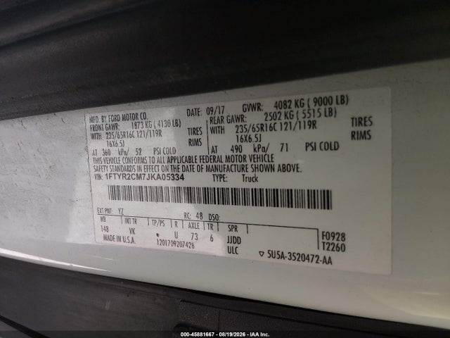 45881667 :رقم المزاد ، 1FTYR2CM7JKA05334 vin ، 2018 Ford Transit-250 مزاد بيع