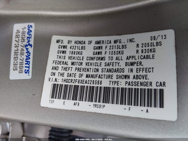 Aukcja sprzedaży 2014 Honda Accord Ex-l, vin: 1HGCR2F8XEA029598, numer aukcji: 45881668