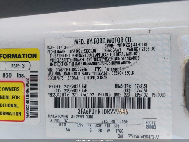 Aukcja sprzedaży 2013 Ford Fusion Se, vin: 3FA6P0HR1DR229646, numer aukcji: 45881693