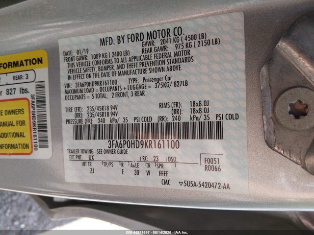 Продаж на аукціоні авто 2019 Ford Fusion Se, vin: 3FA6P0HD9KR161100, номер лоту: 45881697