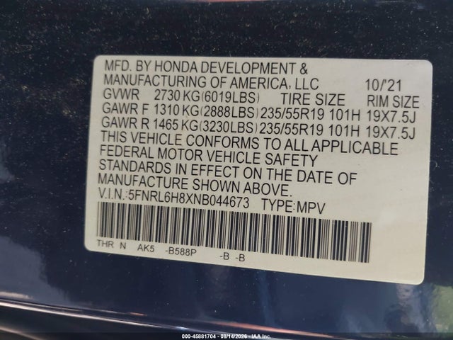 Продажа на аукционе авто 2022 Honda Odyssey Touring, vin: 5FNRL6H8XNB044673, номер лота: 45881704