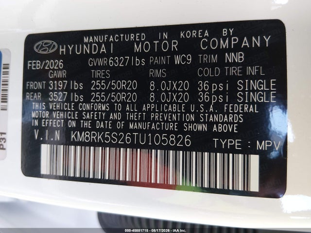 45881715 :رقم المزاد ، KM8RK5S26TU105826 vin ، 2026 Hyundai Palisade Limited مزاد بيع