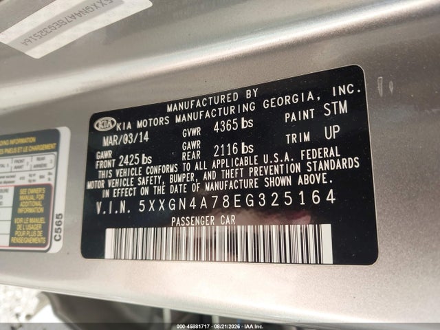 Продажа на аукционе авто 2014 Kia Optima Ex, vin: 5XXGN4A78EG325164, номер лота: 45881717