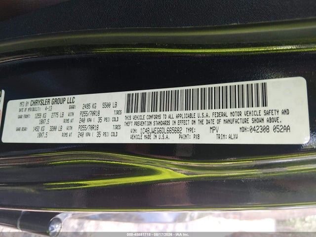 45881718 :رقم المزاد ، 1C4BJWEG6DL665682 vin ، 2013 Jeep Wrangler Unlimited Sahara مزاد بيع