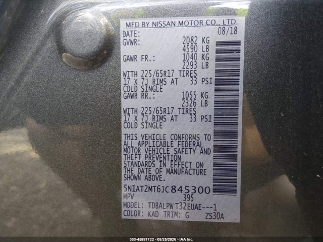 Продажа на аукционе авто 2018 Nissan Rogue S, vin: 5N1AT2MT6JC845300, номер лота: 45881722