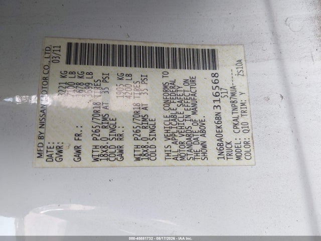 Aukcja sprzedaży 2011 Nissan Titan Sv, vin: 1N6BA0EK6BN316568, numer aukcji: 45881732