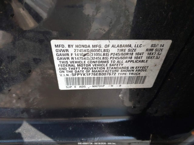 Honda Ridgeline Sport 2014 5FPYK1F76EB007672 Image 9