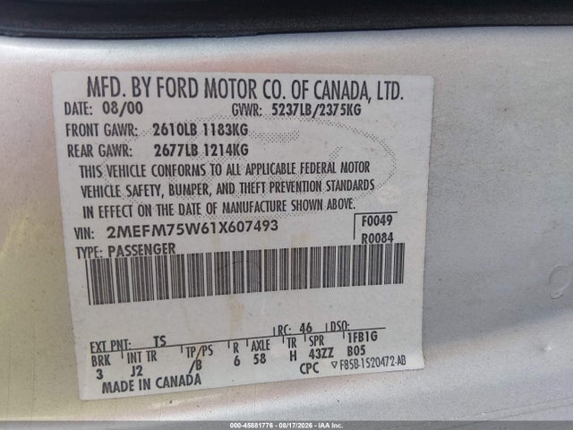Продажа на аукционе авто 2001 Mercury Grand Marquis Ls, vin: 2MEFM75W61X607493, номер лота: 45881776