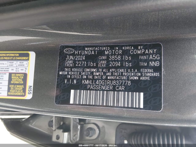 Продажа на аукционе авто 2024 Hyundai Elantra Se, vin: KMHLL4DG1RU837778, номер лота: 45881777