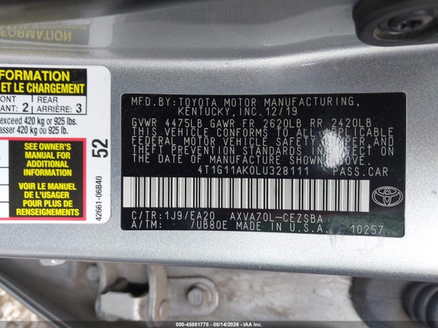 45881778 :رقم المزاد ، 4T1G11AK0LU328111 vin ، 2020 Toyota Camry Se مزاد بيع