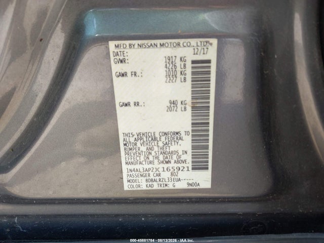 45881784 :رقم المزاد ، 1N4AL3AP2JC165921 vin ، 2018 Nissan Altima 2.5 Sl مزاد بيع