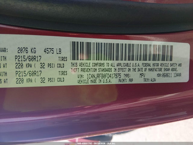 Aukcja sprzedaży 2015 Jeep Patriot High Altitude Edition, vin: 1C4NJRFB0FD417975, numer aukcji: 45881792