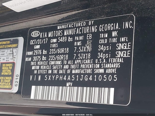 Aukcja sprzedaży 2018 Kia Sorento 3.3l Ex, vin: 5XYPH4A51JG410505, numer aukcji: 45881808