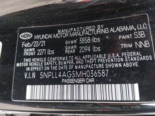 45881815 :رقم المزاد ، 5NPLL4AG5MH036587 vin ، 2021 Hyundai Elantra Se مزاد بيع