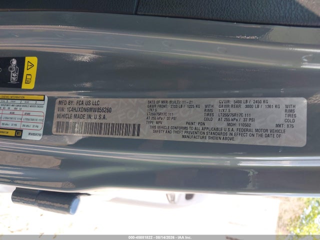 45881822 :رقم المزاد ، 1C4HJXDN6MW856260 vin ، 2021 Jeep Wrangler Unlimited Willys 4x4 مزاد بيع