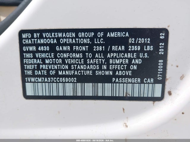 Продажа на аукционе авто 2012 Volkswagen Passat 3.6l V6 Sel Premium, vin: 1VWCM7A37CC059002, номер лота: 45881835
