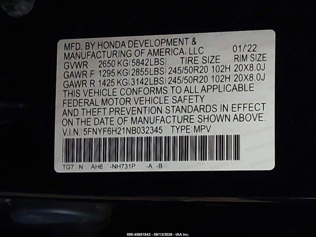 Продажа на аукционе авто 2022 Honda Pilot Awd Special Edition, vin: 5FNYF6H21NB032345, номер лота: 45881842