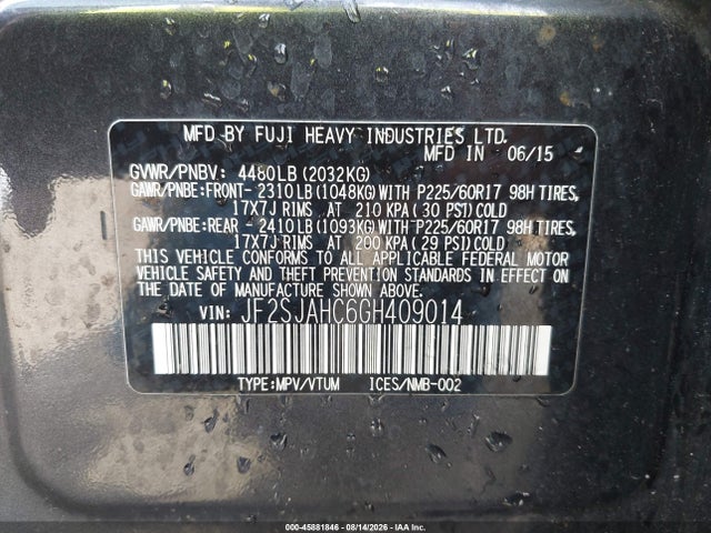 45881846 :رقم المزاد ، JF2SJAHC6GH409014 vin ، 2016 Subaru Forester 2.5i Limited مزاد بيع