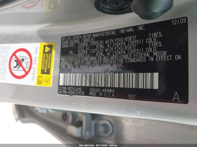 45881848 :رقم المزاد ، 5TDKK3EH0AS006236 vin ، 2010 Toyota Highlander Se V6 مزاد بيع