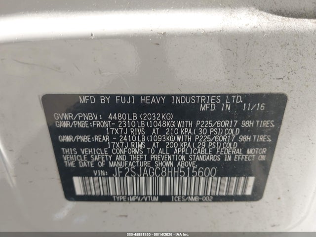 2017 Subaru Forester 2.5i Premium მანქანა იყიდება აუქციონზე, vin: JF2SJAGC8HH515600, აუქციონის ნომერი: 45881850