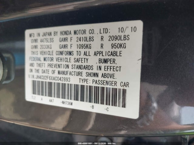 2010 Acura Tsx 2.4 მანქანა იყიდება აუქციონზე, vin: JH4CU2F6XAC042893, აუქციონის ნომერი: 45881851