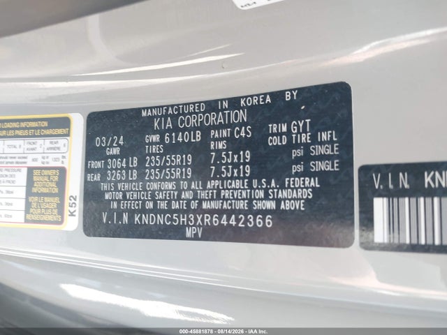 45881878 :رقم المزاد ، KNDNC5H3XR6442366 vin ، 2024 Kia Carnival Mpv Ex مزاد بيع