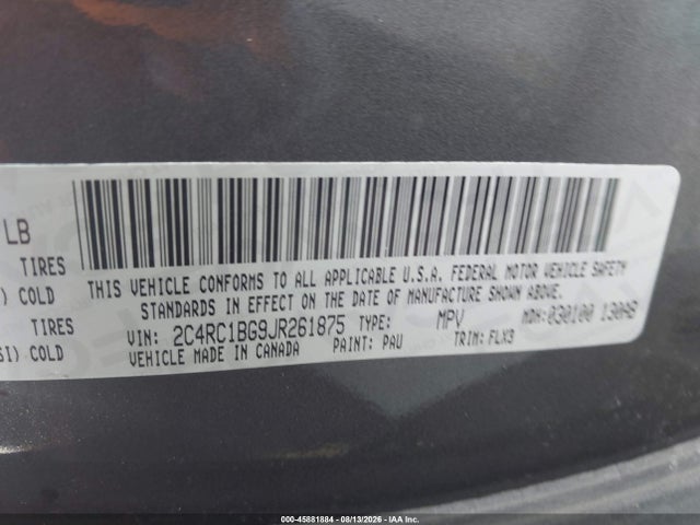 2018 Chrysler Pacifica Touring L მანქანა იყიდება აუქციონზე, vin: 2C4RC1BG9JR261875, აუქციონის ნომერი: 45881884