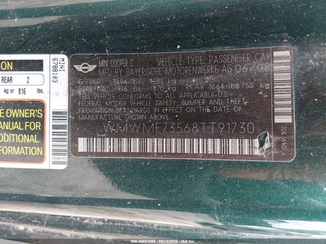 45881895 :رقم المزاد ، WMWMF73568TT91730 vin ، 2008 Mini Cooper S مزاد بيع