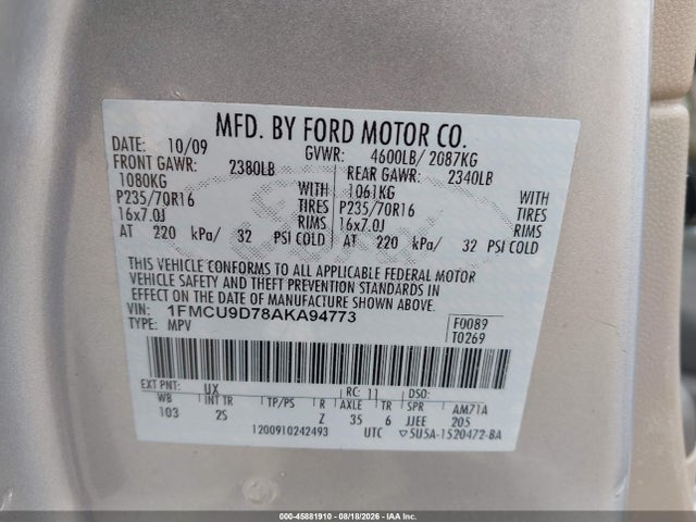 Продаж на аукціоні авто 2010 Ford Escape Xlt, vin: 1FMCU9D78AKA94773, номер лоту: 45881910