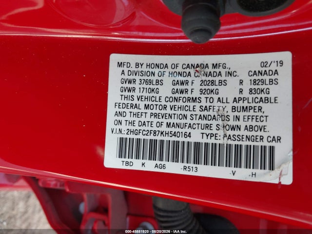 Aukcja sprzedaży 2019 Honda Civic Sport, vin: 2HGFC2F87KH540164, numer aukcji: 45881920