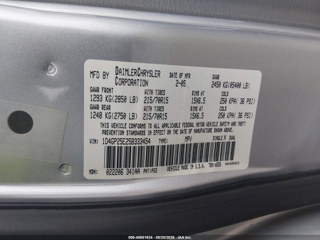 Aukcja sprzedaży 2005 Dodge Caravan Se, vin: 1D4GP25E25B333454, numer aukcji: 45881924