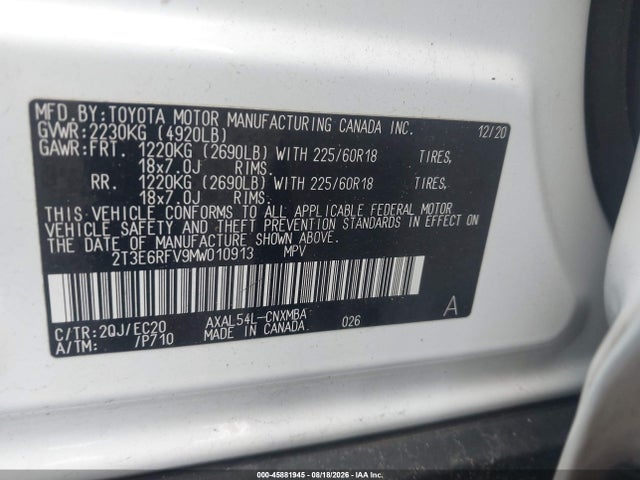 Продаж на аукціоні авто 2021 Toyota Rav4 Hybrid Xse, vin: 2T3E6RFV9MW010913, номер лоту: 45881945