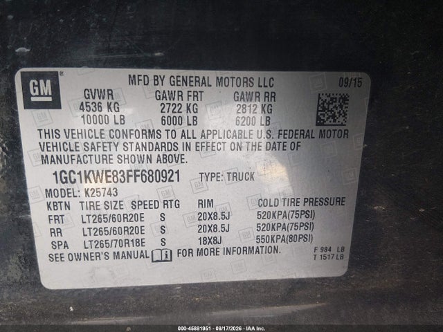 45881951 :رقم المزاد ، 1GC1KWE83FF680921 vin ، 2015 Chevrolet Silverado 2500hd Built After Aug 14 Ltz مزاد بيع