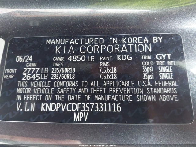 45881953 :رقم المزاد ، KNDPVCDF3S7331116 vin ، 2025 Kia Sportage Ex مزاد بيع