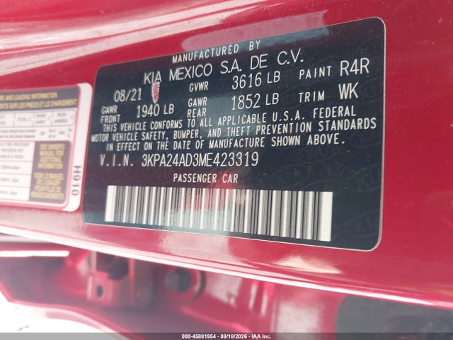 2021 Kia Rio S მანქანა იყიდება აუქციონზე, vin: 3KPA24AD3ME423319, აუქციონის ნომერი: 45881954