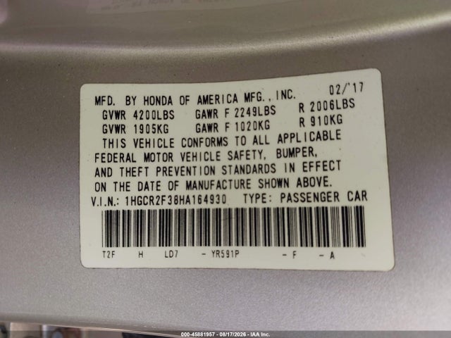 Aukcja sprzedaży 2017 Honda Accord Lx, vin: 1HGCR2F38HA164930, numer aukcji: 45881957