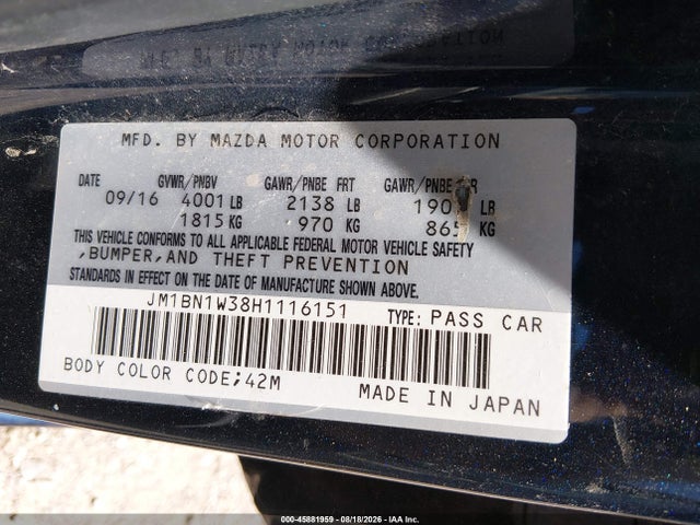 45881959 :رقم المزاد ، JM1BN1W38H1116151 vin ، 2017 Mazda Mazda3 Grand Touring مزاد بيع