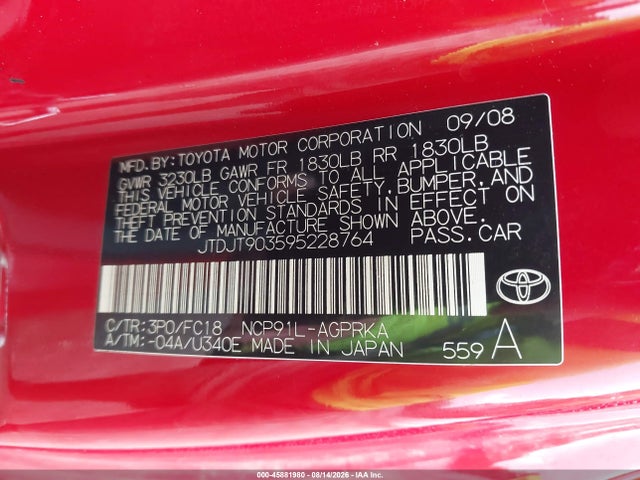 2009 Toyota Yaris მანქანა იყიდება აუქციონზე, vin: JTDJT903595228764, აუქციონის ნომერი: 45881980