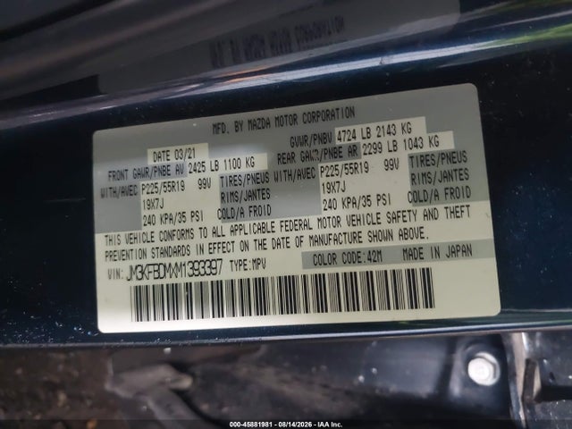 Продажа на аукционе авто 2021 Mazda Cx-5 Grand Touring, vin: JM3KFBDMXM1393397, номер лота: 45881981