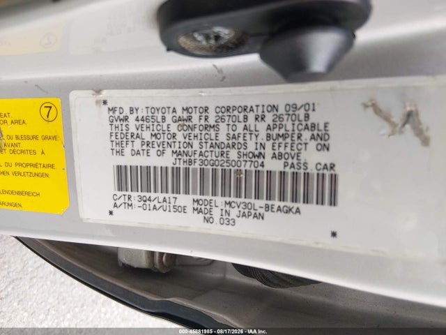 Aukcja sprzedaży 2002 Lexus Es 300, vin: JTHBF30G025007704, numer aukcji: 45881985