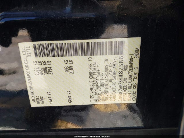45881986 :رقم المزاد ، 1N4BL2AP7BN487586 vin ، 2011 Nissan Altima 3.5 Sr مزاد بيع