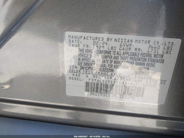 2024 Nissan Kicks Sv Xtronic Cvt მანქანა იყიდება აუქციონზე, vin: 3N1CP5CV3RL522296, აუქციონის ნომერი: 45882007