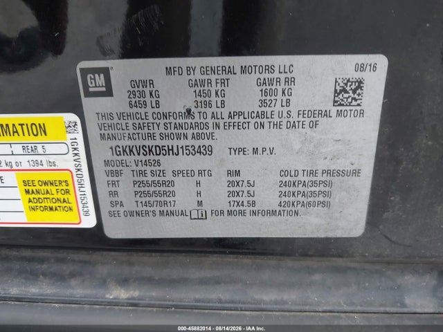 45882014 :رقم المزاد ، 1GKKVSKD5HJ153439 vin ، 2017 Gmc Acadia Limited مزاد بيع