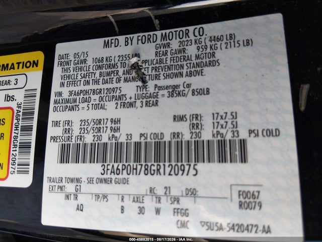 2016 Ford Fusion Se მანქანა იყიდება აუქციონზე, vin: 3FA6P0H78GR120975, აუქციონის ნომერი: 45882015